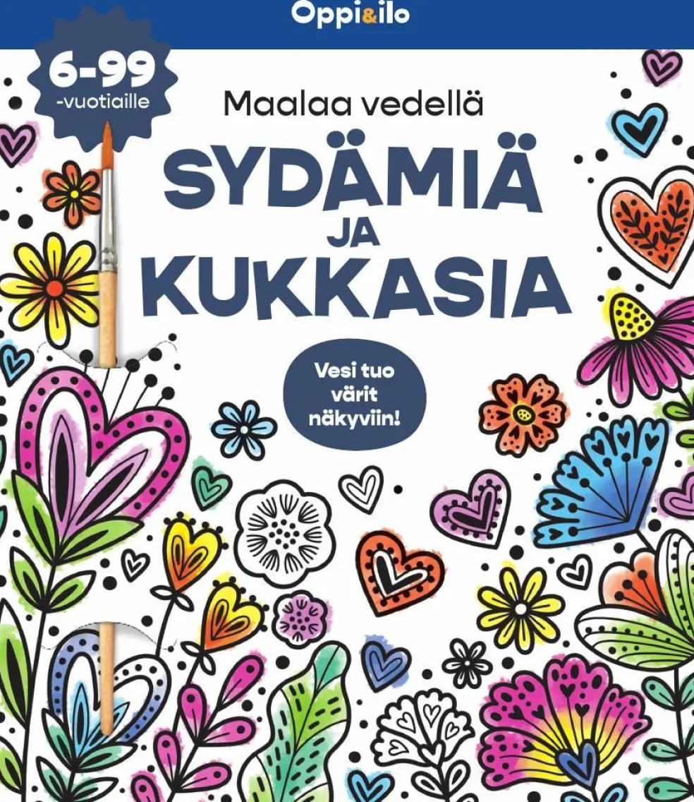 Maalaa vedellä SYDÄMIÄ JA KUKKASIA -puuhakirja 6-99 v